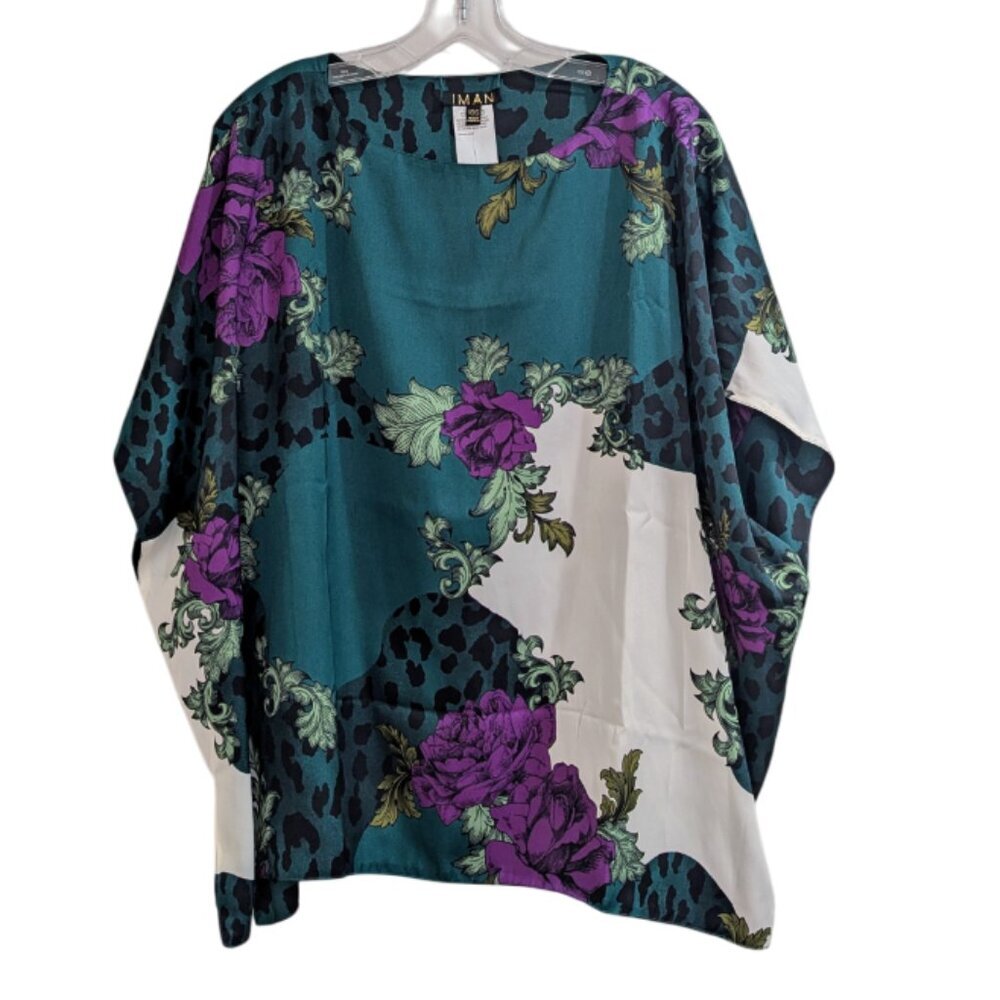 IMAN Nwt Reversible Global Chic Poncho Top XS/S Oversized Satin Fabric Cheetah